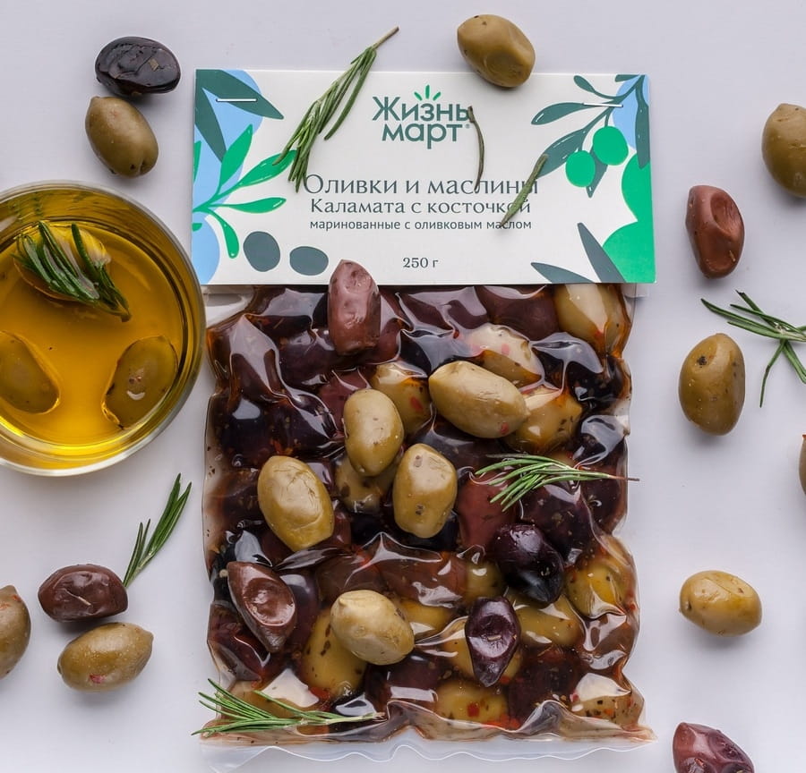 Оливки и маслины Каламата с косточкой маринованные с оливковым маслом