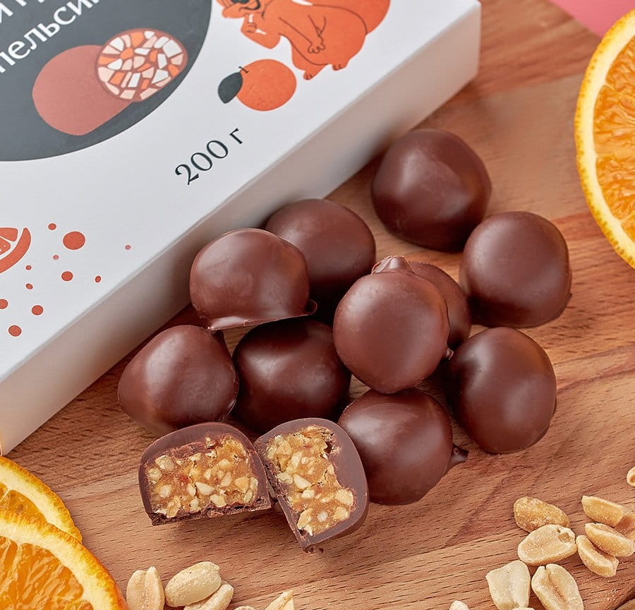 Конфеты шоколадные Мягкий грильяж с цукатами апельсина
