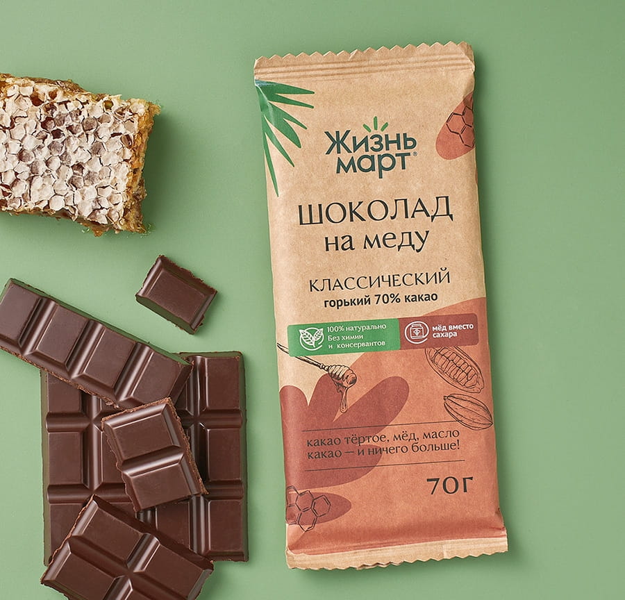 Шоколад на меду ВКУС и ПОЛЬЗА Горький 70% , какао Классический 70г